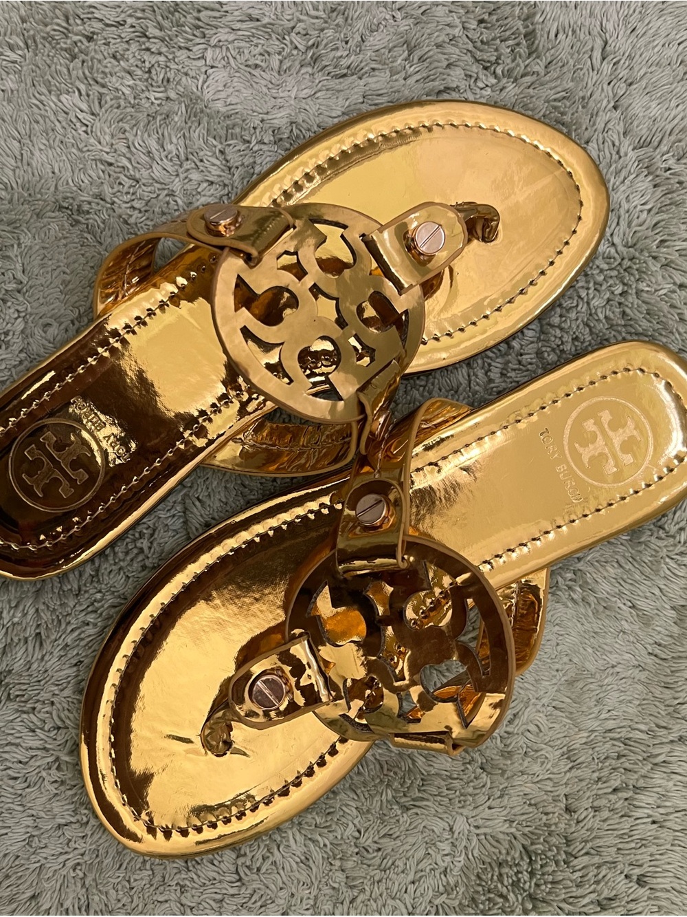 Tory Burch Gold Metallic Logo via Thong Sandals